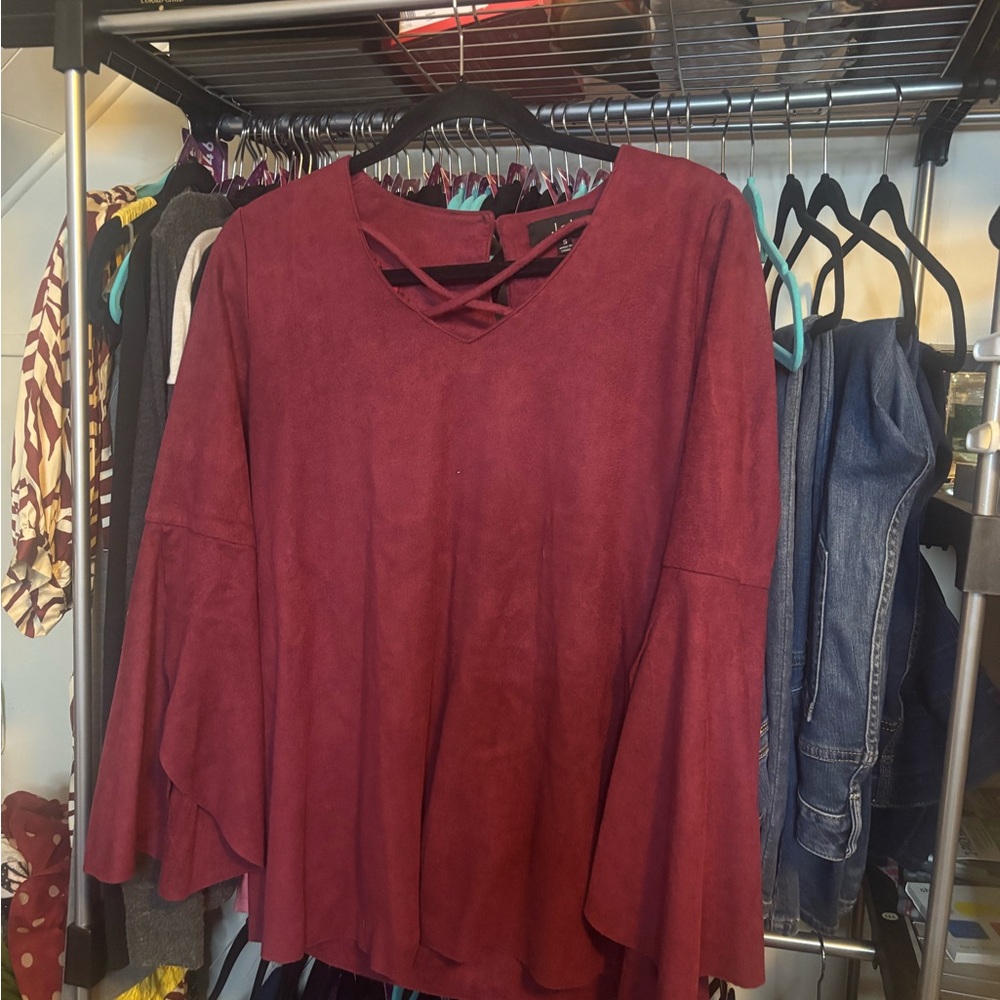 Women's Burgundy Faux Suede Top with Flared Sleeves